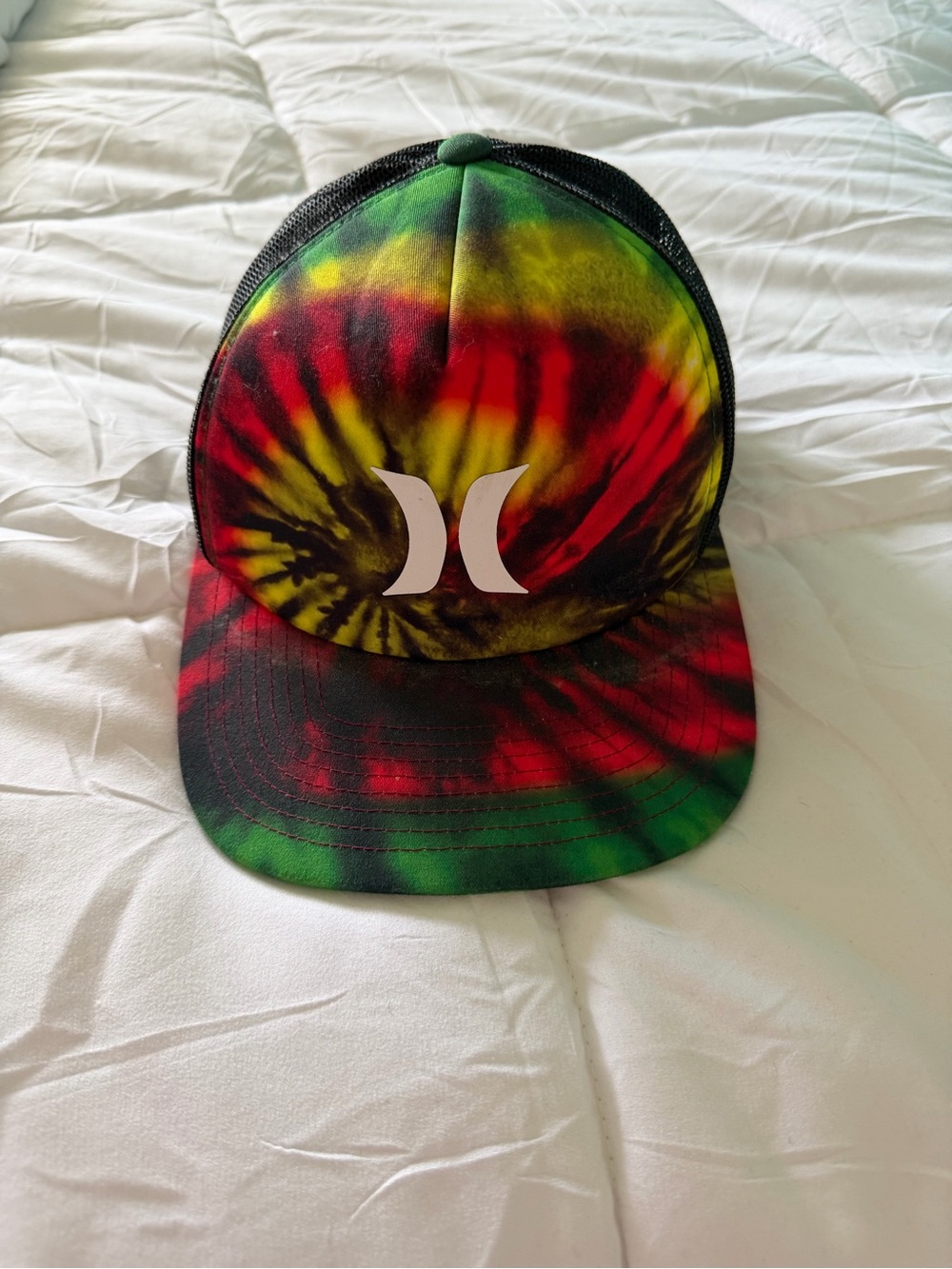 Hurley Classic Tie-Dye Trucker Hat in Rasta Colors Red, Yellow & Greenh